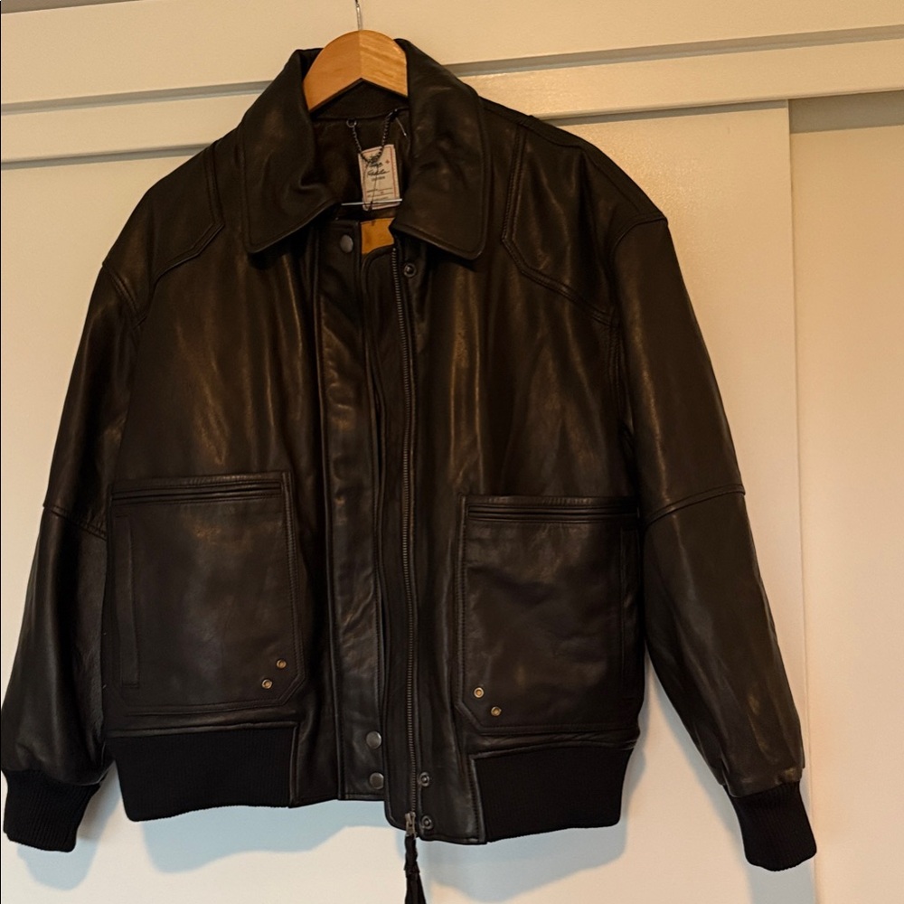 We The Free Black Leather Bomber Jacket